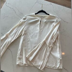 Tibi 100% Silk Ivory Women's Blouse with Keyhole Neckline and Flared Sleeves